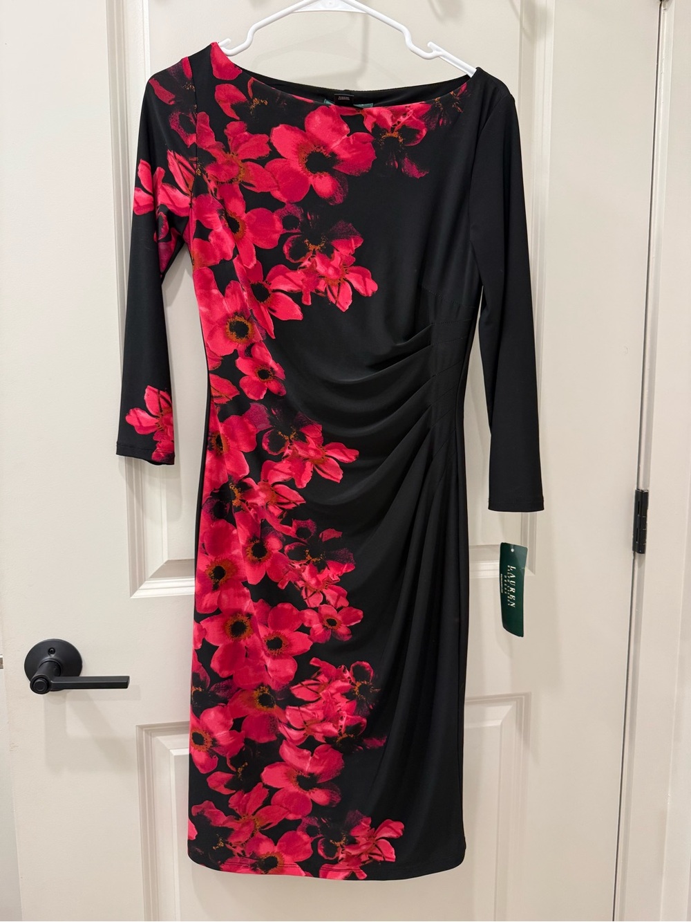 Lauren Ralph Lauren Black Pink Floral Surplice Jersey Dress NWT Sz 4 Boat Neck